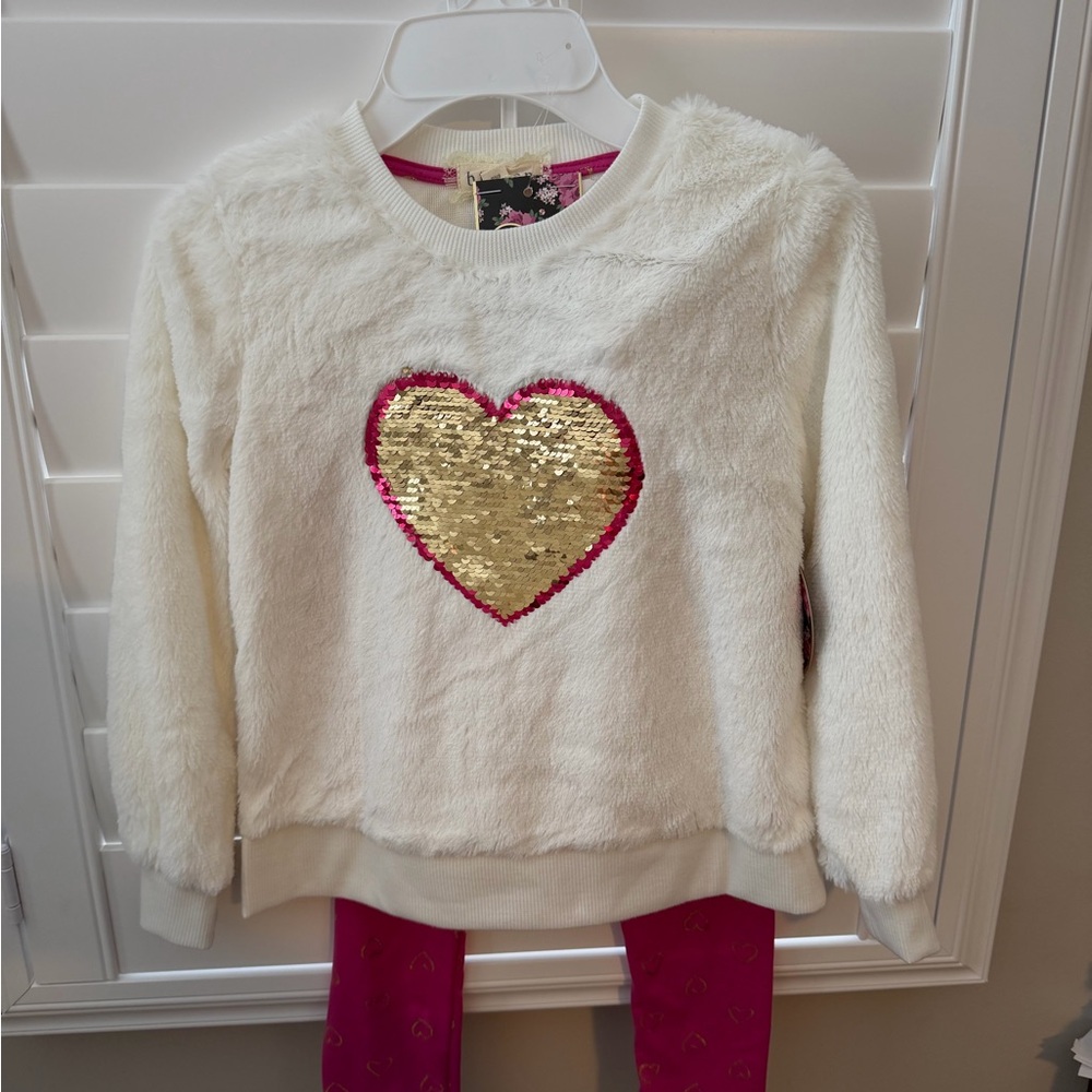 Girls' Casual Valentines Set - White Fuzzy top, pink pants, and gold accents
